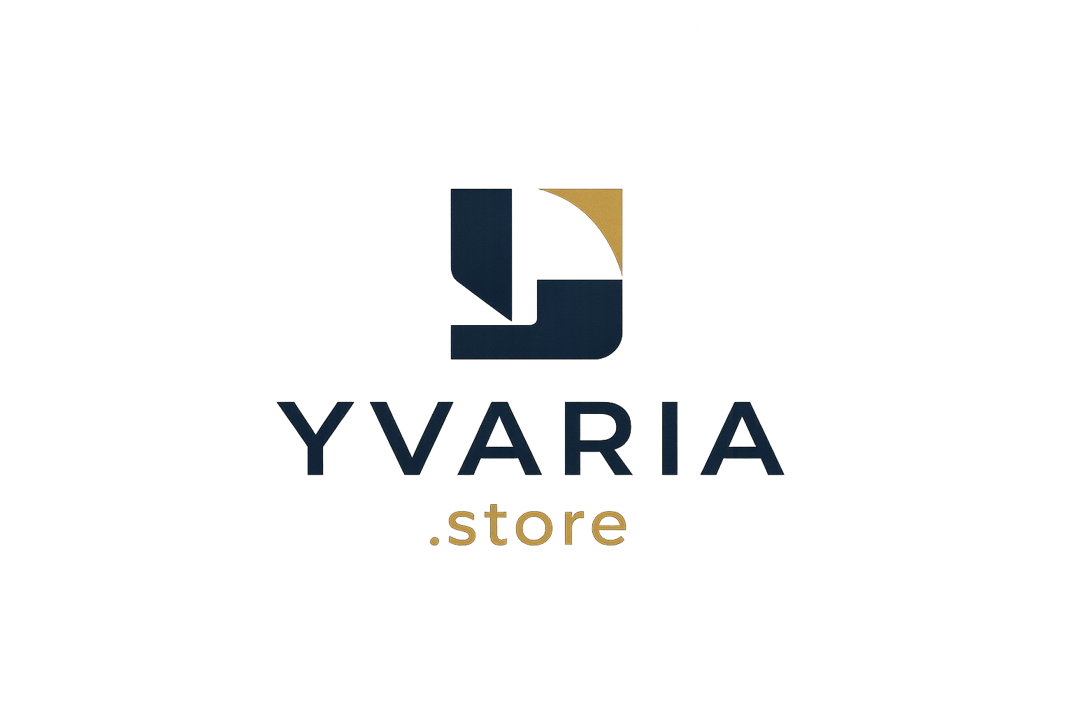 Logo minimalista y realista para Yvaria.store. Diseño limpio con acentos en azul profundo y dorado, tipografía elegante, aspecto moderno y profesional. Un símbolo refinado que transmita variedad, confianza y sofisticación. Y sobre un fondo negro